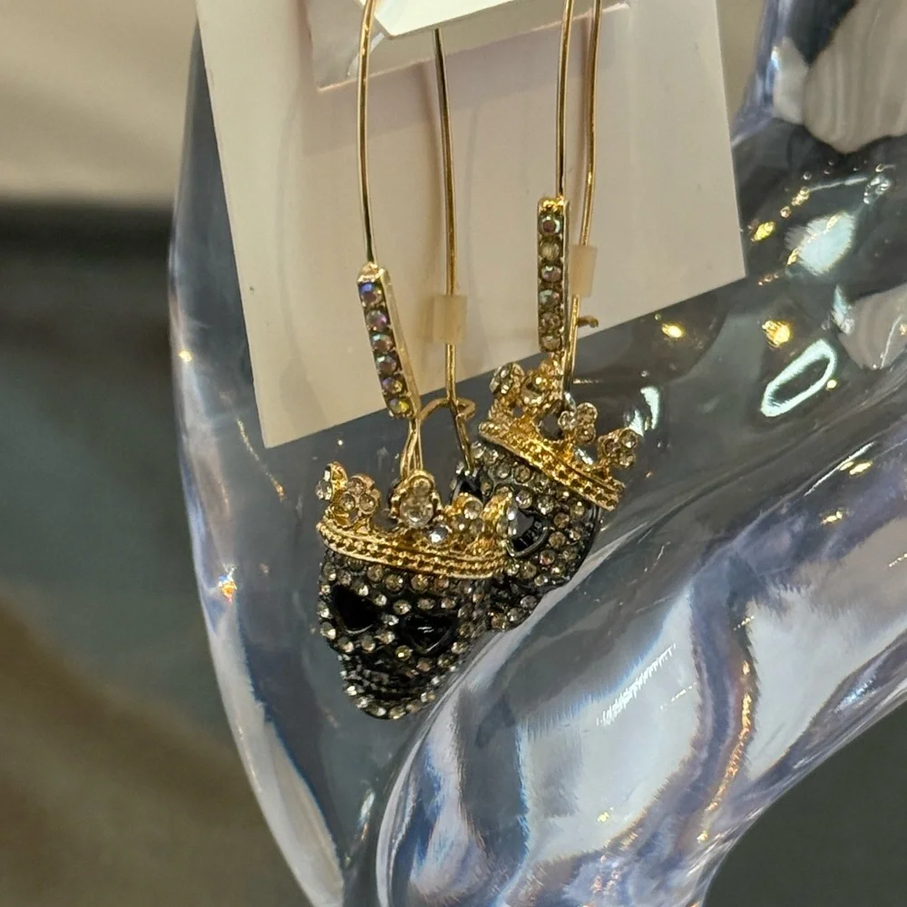 Betsey Johnson Gold and Black Pave Skull Earrings - Picture 5 of 8